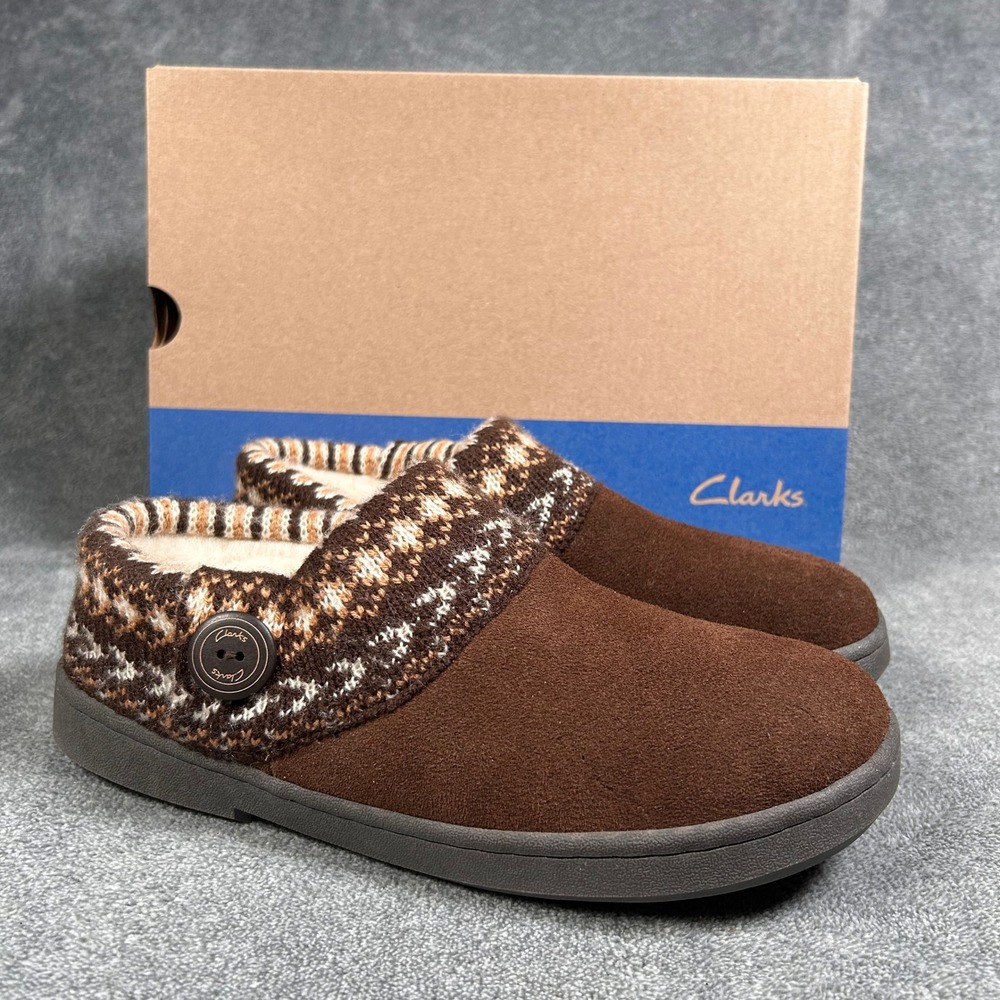 Clarks Clog Fair Isle Knit Sweater Slippers Dark Brown Womens 10M LB1144-42 NEW
